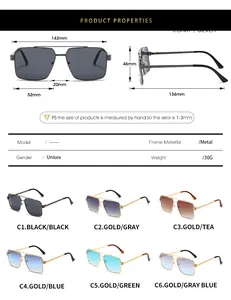 Detailed size chart for unisex metal double-bridge sunglasses with frame dimensions