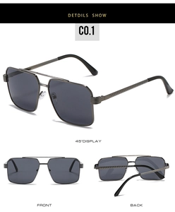 Detail view of gunmetal polygon sunglasses with double bridge and polarized lenses