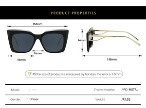 Detailed size specifications for cat-eye sunglasses including dimensions and weight