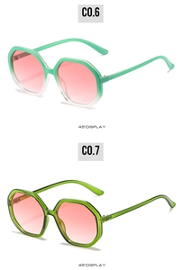 Detailed 45-degree view of octagonal sunglasses in mint green and transparent green frames