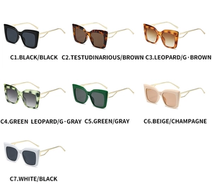 Detailed grid showing seven color variants of cat-eye Y2K sunglasses with gold metal temples