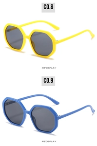 Detailed 45-degree view of yellow and blue hexagonal frame sunglasses with dark lenses