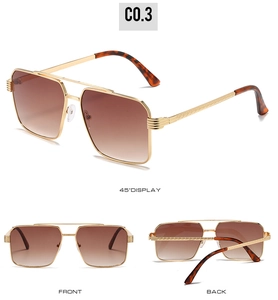 Three-view display of double-bridge metal sunglasses with brown gradient lenses C0.3