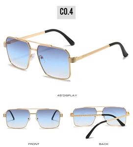 Three-angle view of oversized square metal sunglasses with blue gradient lenses