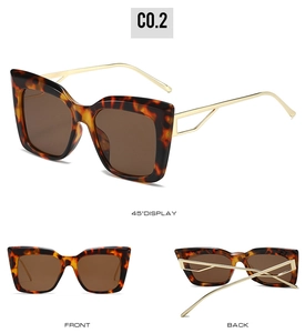Three views of retro cat-eye sunglasses with tortoiseshell frames and gold metal temples