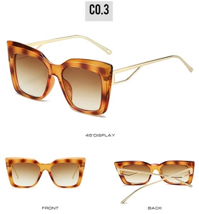 Three-view display of tortoiseshell square sunglasses with gold hollow metal temples