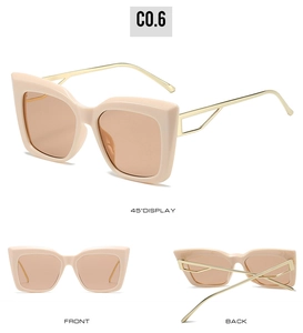 Multi-angle view of beige cat-eye sunglasses featuring unique hollowed-out metal temples