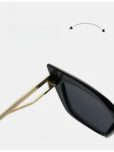 Detail of durable texture hinge on black frame sunglasses with golden hollow temples