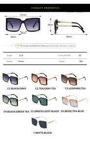 Detailed size chart and multi-color options for square frame unisex sunglasses