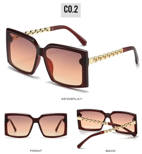 Multi-angle views of square sunglasses with gold chain temples and gradient lenses