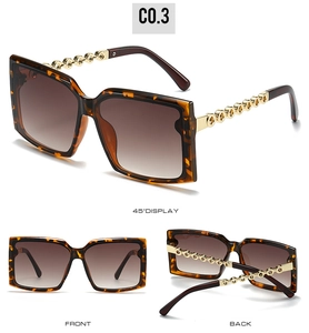 Detailed views of tortoiseshell square sunglasses with gold hollow chain temples