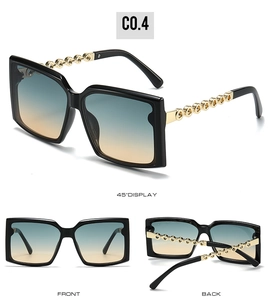 Multiple views of square sunglasses with black frames and blue-yellow gradient lenses