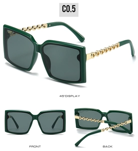 Three-angle view of square frame sunglasses with green acetate and gold chain temples