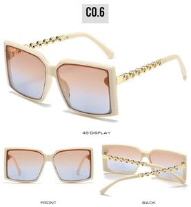 Three-angle view of oversized square cream sunglasses with gold hollow chain temples