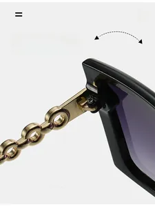 Detail of durable metal hinge on square sunglasses with golden chain design temples