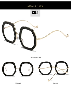 Detailed views of geometric hexagonal eyeglass frames with gold metal temples in black finish