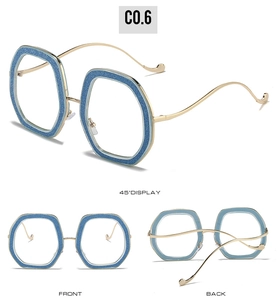 Three-way view of blue glitter oversized geometric frames with slim gold temples