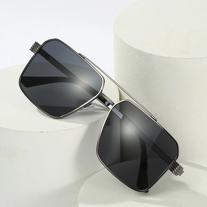 Classic double bridge metal sunglasses with large square frame and dark lenses