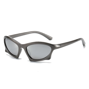 Retro futuristic geometric sunglasses with dark grey metal frames and wing-shaped design