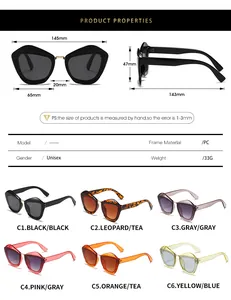 Detailed size chart and multi-color options for modern cat-eye oversized sunglasses