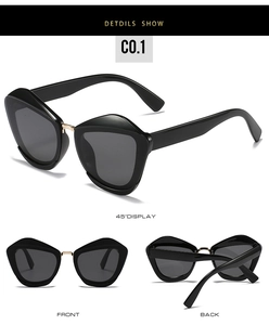 Detailed views of black geometric cat-eye sunglasses with gold metal bridge and dark lenses