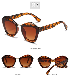 Detailed views of tortoiseshell cat-eye sunglasses with gradient brown lenses and metal hinges