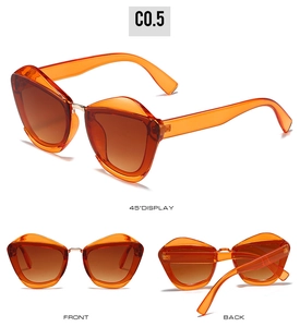 Detail view showing front and back of orange transparent cat-eye sunglasses with gradient lens