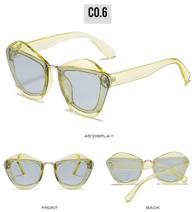 Three views of yellow translucent oversized geometric sunglasses with light blue lenses