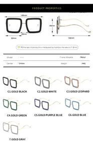 Detailed size chart for square metal frame glasses with 145mm width and 146mm temple length