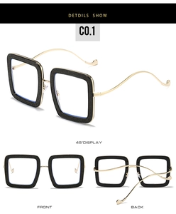 Detail view of square black frame glasses with wavy golden metal temples in 3 angles