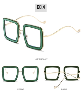 Three-view display of glitter green square glasses with elegant gold wavy temples