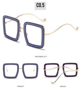 Detailed views of square frame glasses with blue-purple glitter finish and gold wavy temples