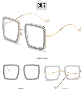 Glitter silver square glasses frame with gold metal temples shown in three angles