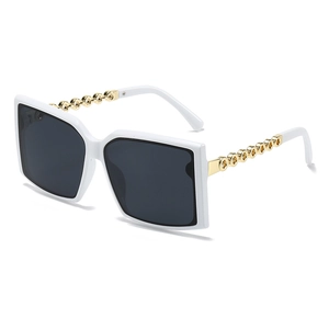 Square white frame sunglasses with black lenses and gold chain metal temples