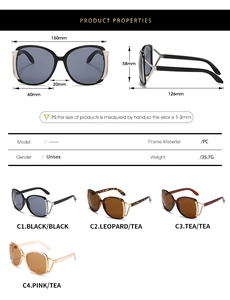 Detailed size specifications for oversized retro sunglasses with PC frame dimensions