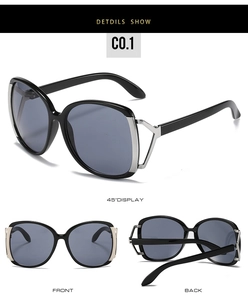 Three-angle views showing retro oversized black frame sunglasses with silver hollow decor