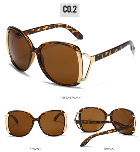 Three-angle view of oversized leopard print sunglasses with gold metal temple accents