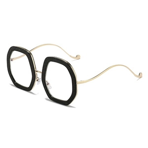 Oversize hexagonal black glitter optical frame with slim gold metal temples
