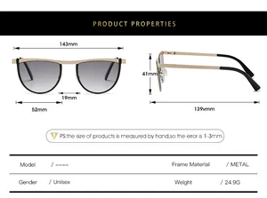 Detailed size chart for geometric irregular metal sunglasses with frame dimensions in mm
