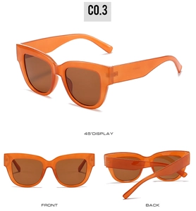 Vues détaillées des lunettes de soleil œil-de-chat orange vif avec verres marron en 3 angles