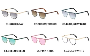 Detailed grid showing six color variants of irregular geometric sunglasses with metal frames