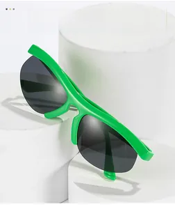 Macro detail of vibrant neon green semi-rimless sports sunglasses on a white pedestal