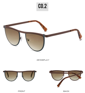 Three-angle display of irregular geometric sunglasses with tea gradient lenses and metal bridge