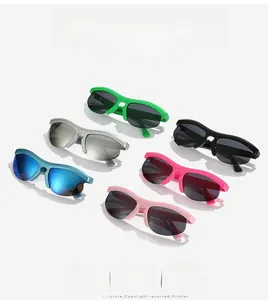 Flat lay of colorful semi-rimless sports sunglasses with reflective mirrored lenses