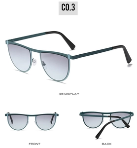 Multi-angle views of teal blue irregular geometric sunglasses with gradient lenses