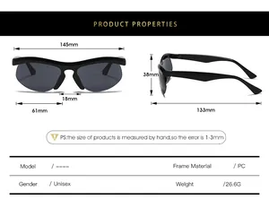 Detailed size chart for unisex sport sunglasses with dimensions in mm and PC material