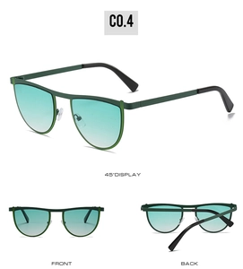 Detailed views of irregular green metal frame sunglasses with gradient lenses
