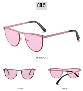 Three-way view of pink geometric sunglasses with metal frames and colorful lenses