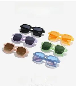 Detailed grid of oversized square sunglasses in black, purple, orange, and blue colors