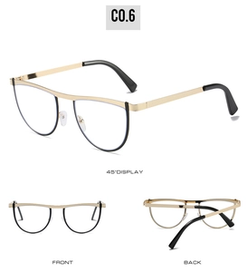 Three views showing cat-eye frame details of golden and black luxury sunglasses